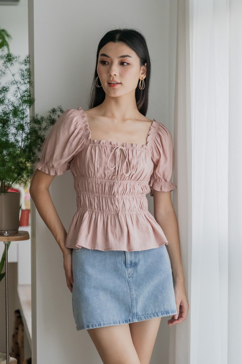 Hope Ruched Ribbon Top In Dusty Pink