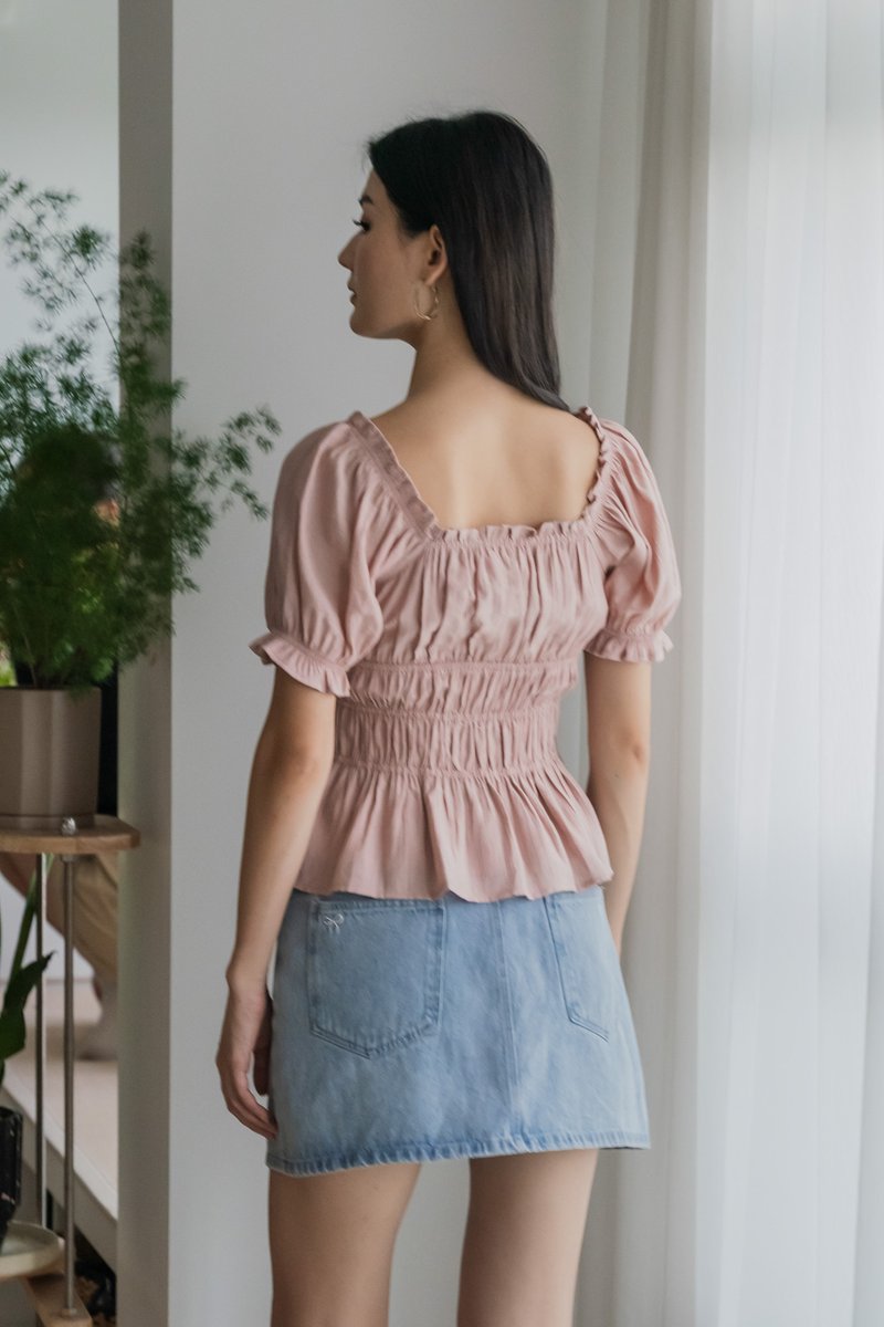 Hope Ruched Ribbon Top In Dusty Pink