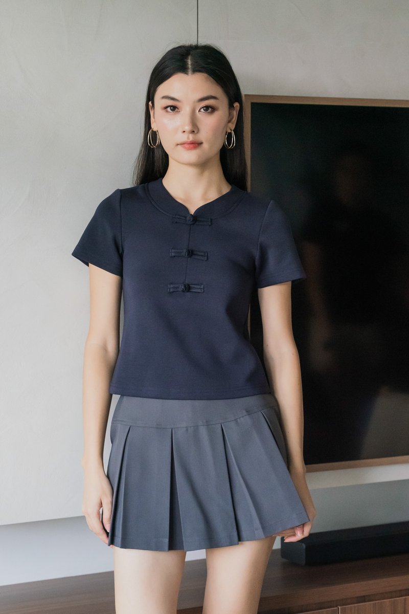 Jade Cotton Qipao Top In Navy