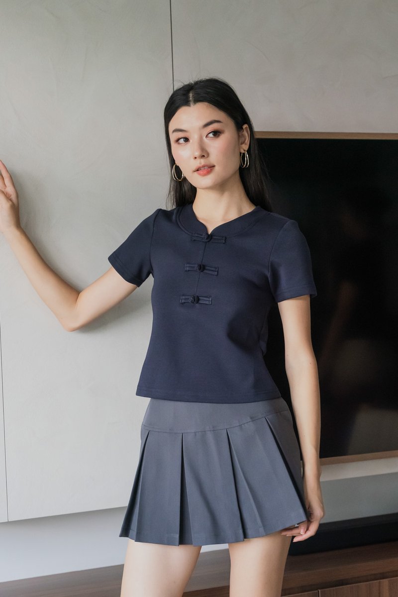 Jade Cotton Qipao Top In Navy
