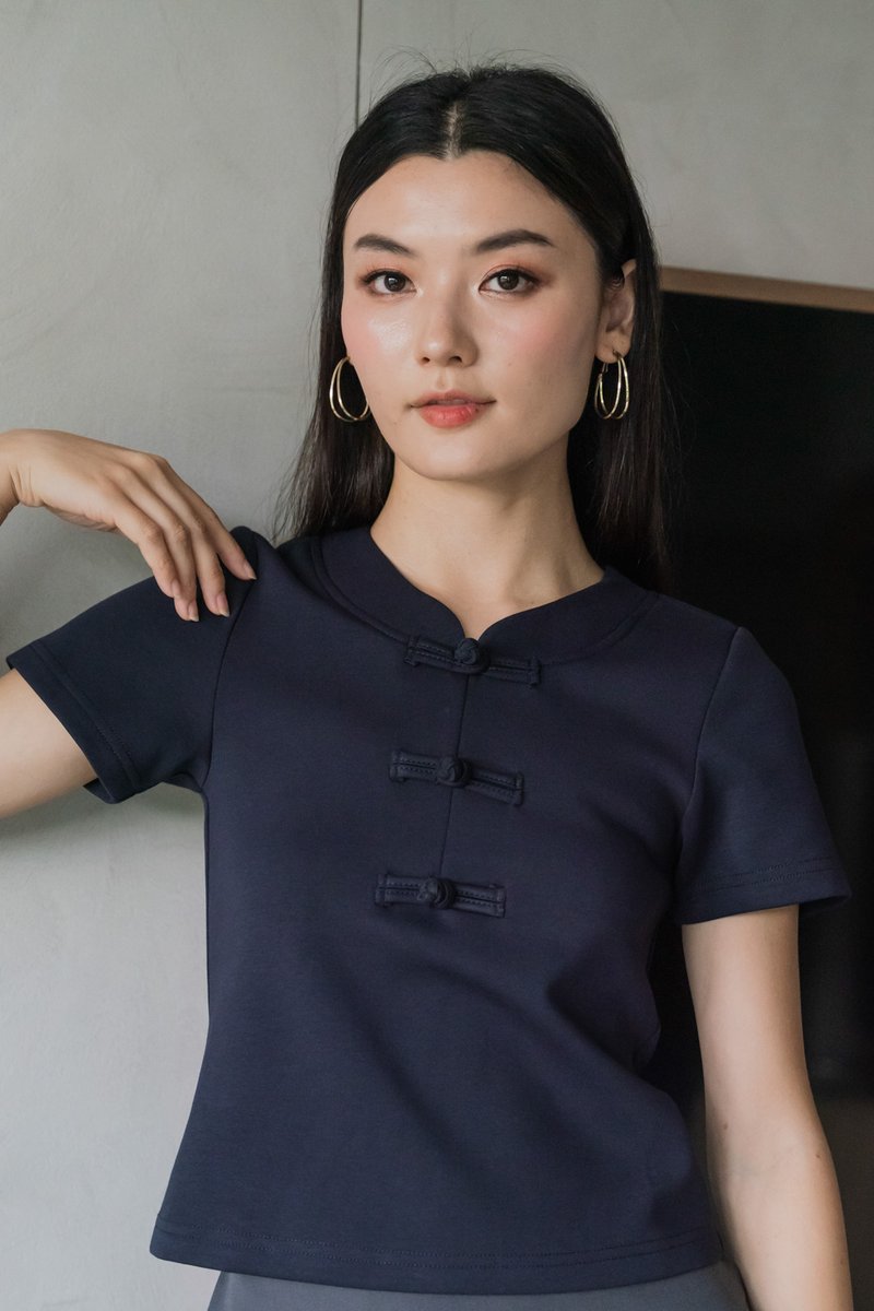 Jade Cotton Qipao Top In Navy