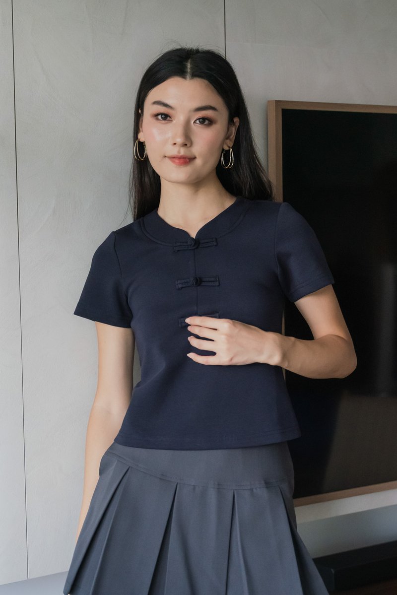 Jade Cotton Qipao Top In Navy