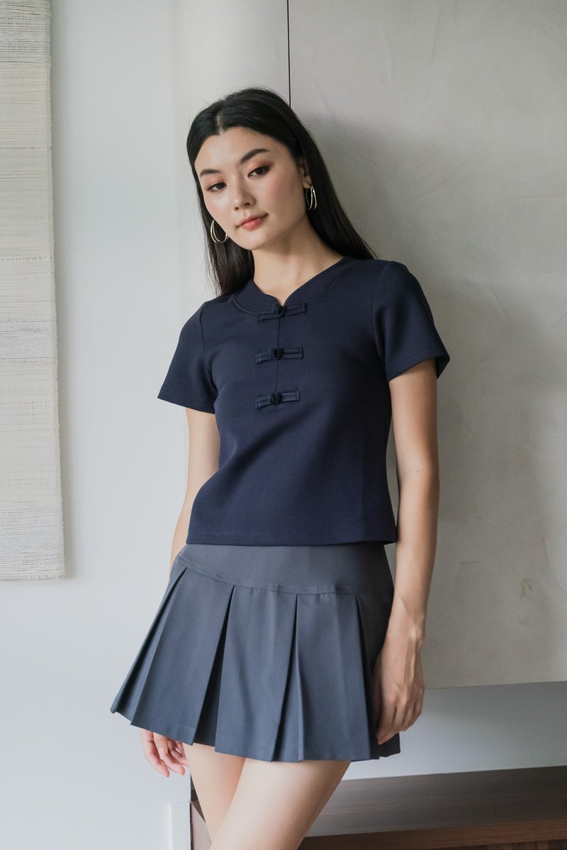 Jade Cotton Qipao Top In Navy