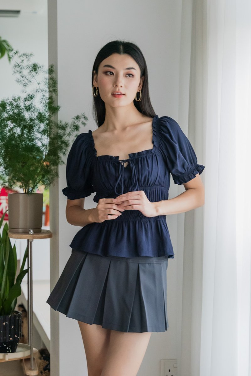 Hope Ruched Ribbon Top In Navy