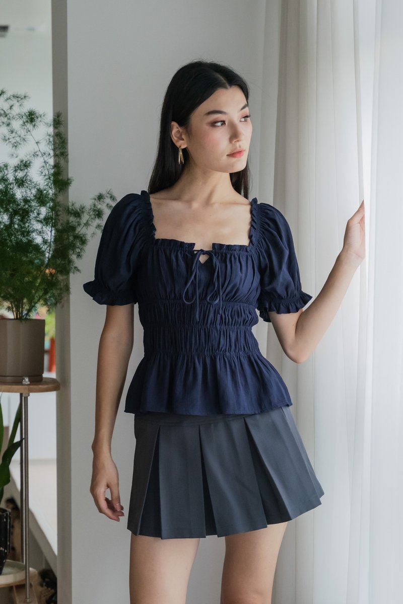 Hope Ruched Ribbon Top In Navy