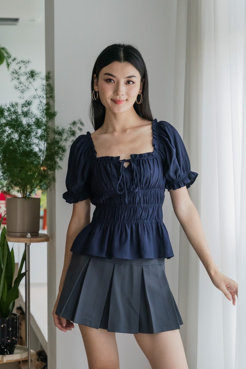Hope Ruched Ribbon Top In Navy