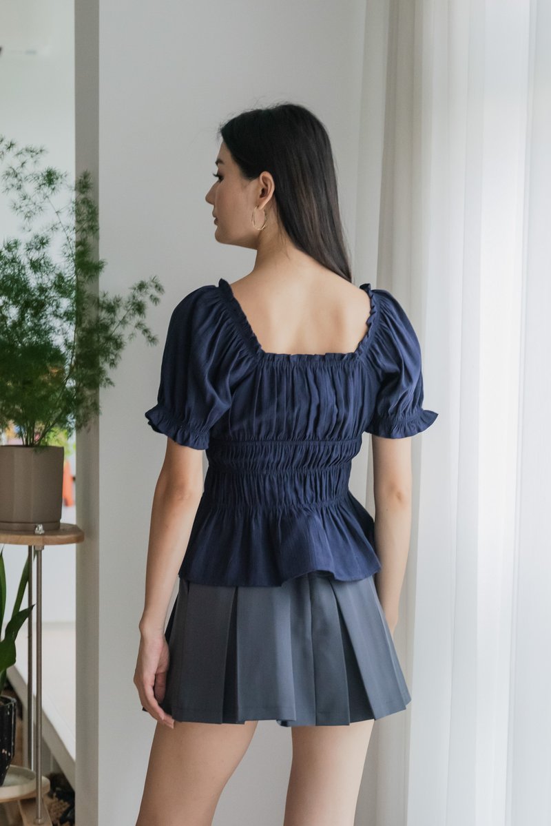 Hope Ruched Ribbon Top In Navy