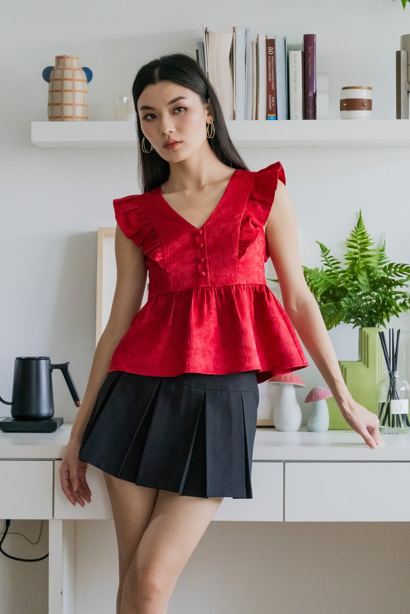 Ruby Embossed Ruffle Sleeves Top In Red
