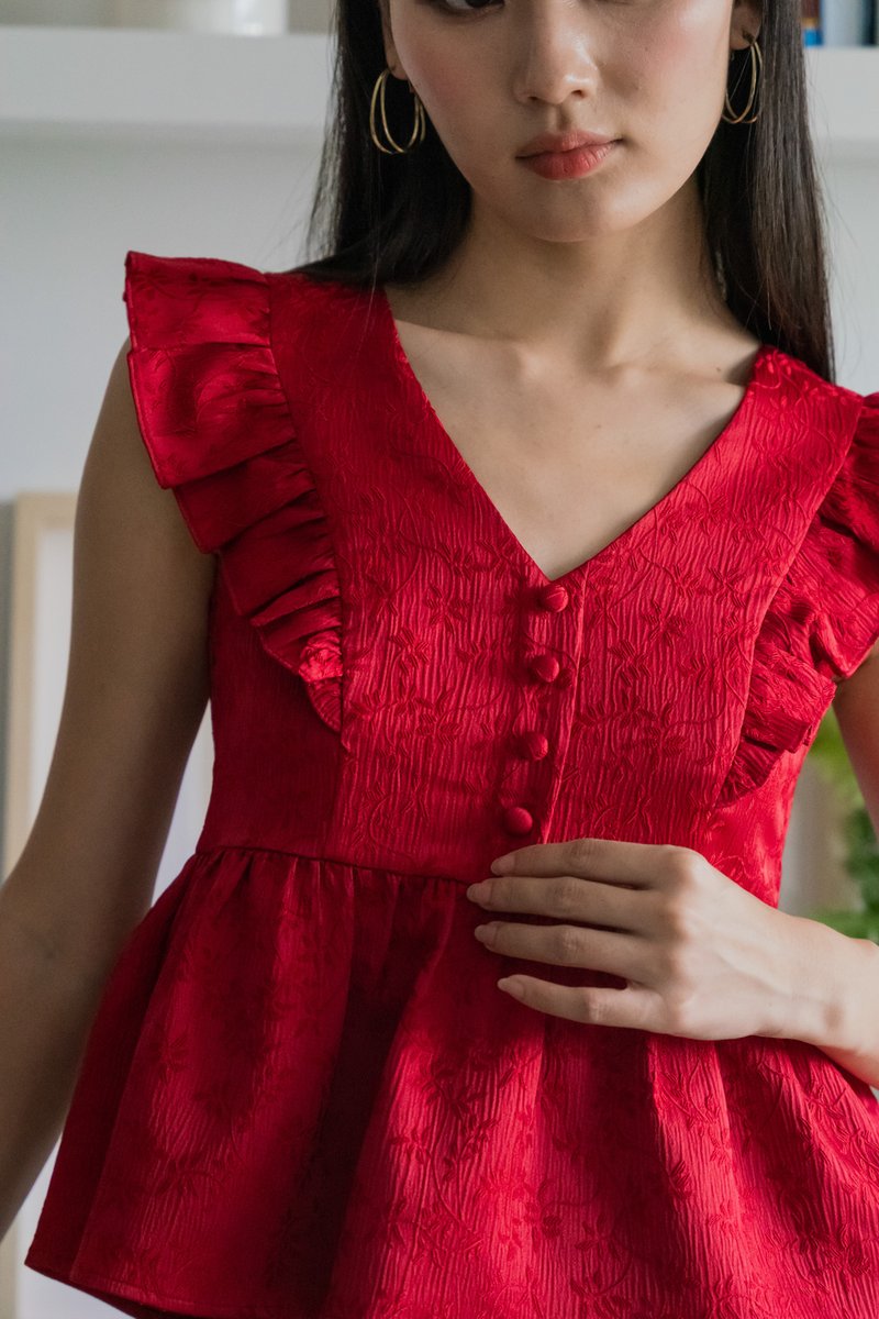 Ruby Embossed Ruffle Sleeves Top In Red