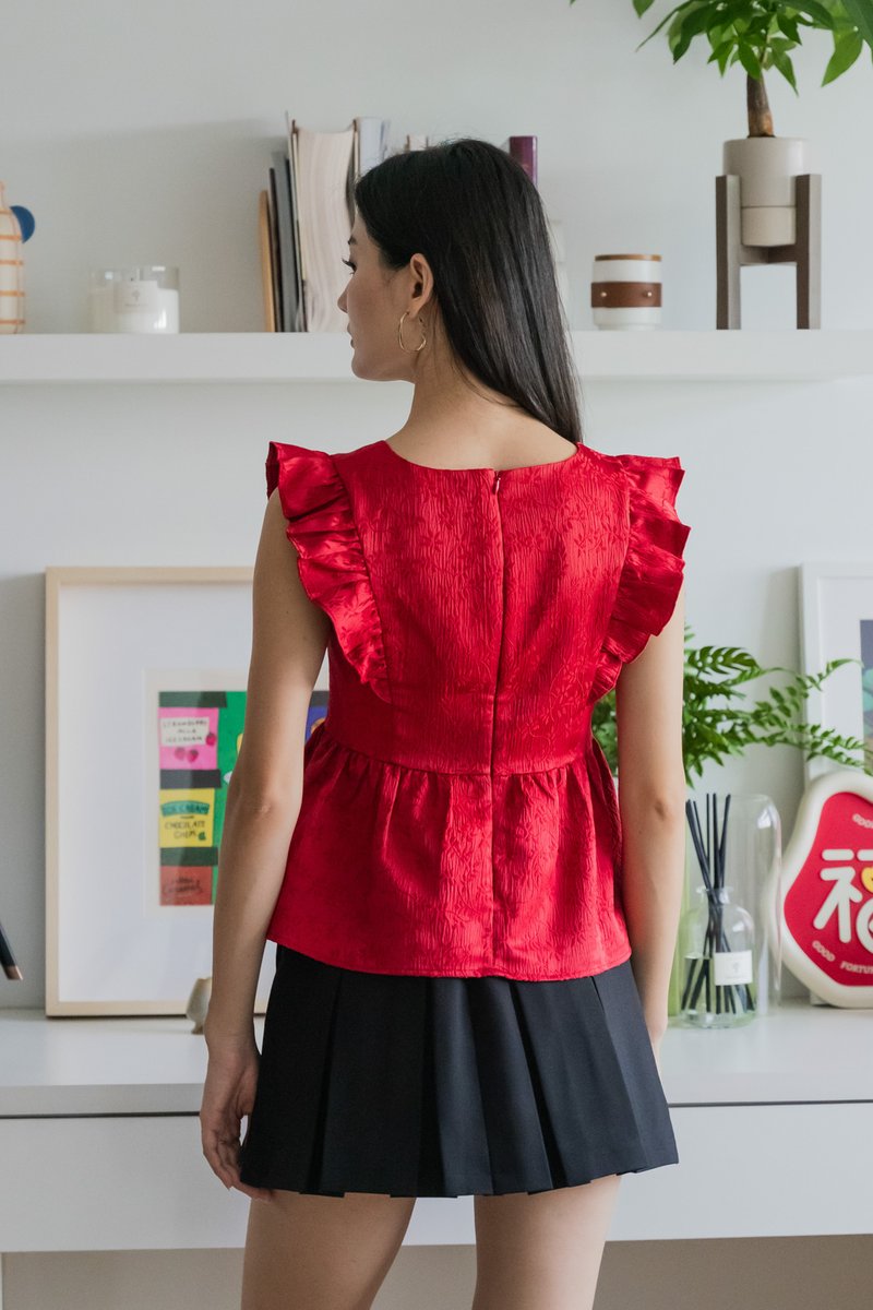 Ruby Embossed Ruffle Sleeves Top In Red