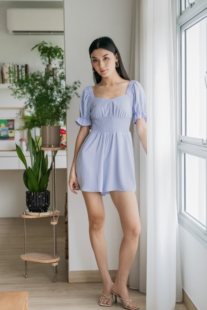 Sonya Smocked Waist Romper In Powder Blue