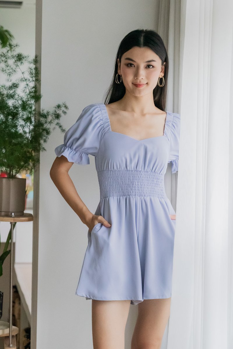 Sonya Smocked Waist Romper In Powder Blue