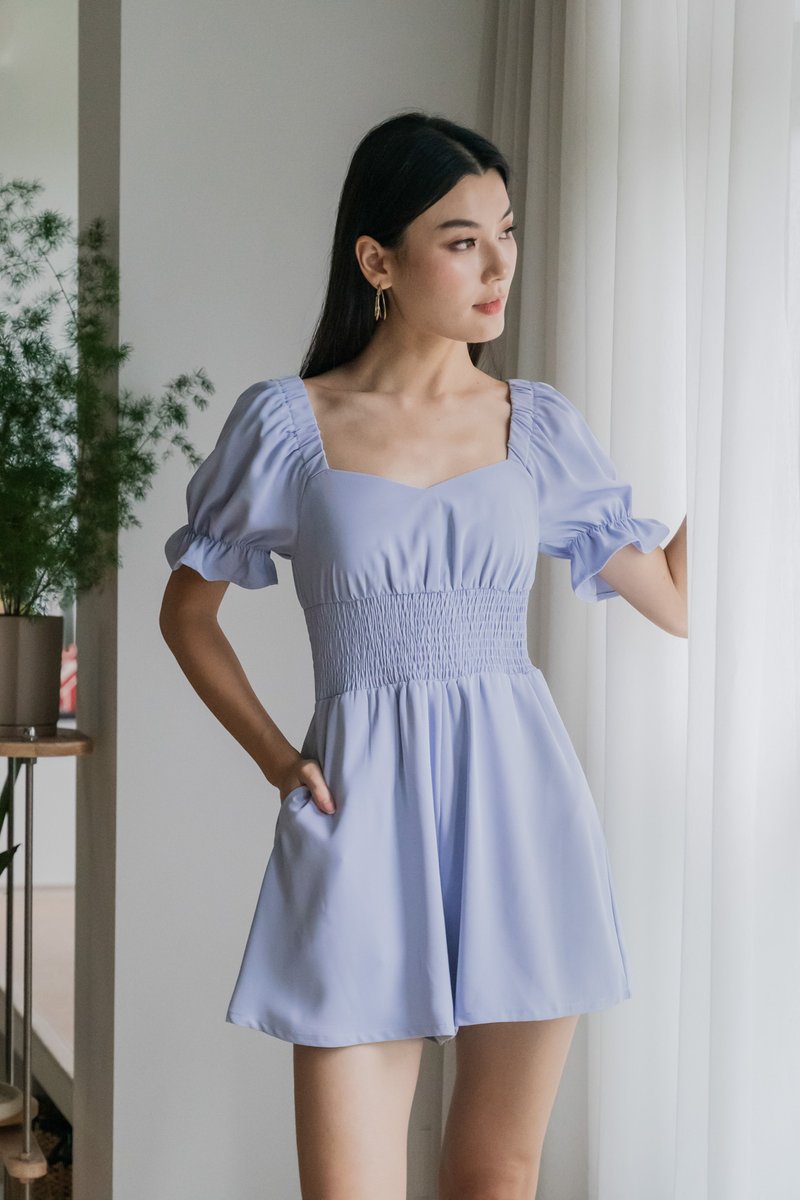 Sonya Smocked Waist Romper In Powder Blue