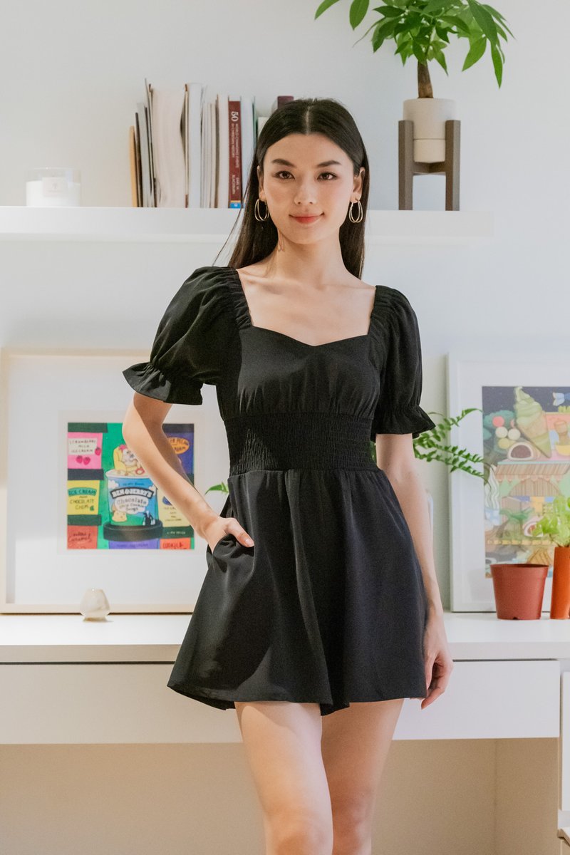 Sonya Smocked Waist Romper In Black