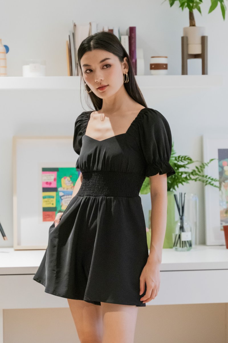 Sonya Smocked Waist Romper In Black
