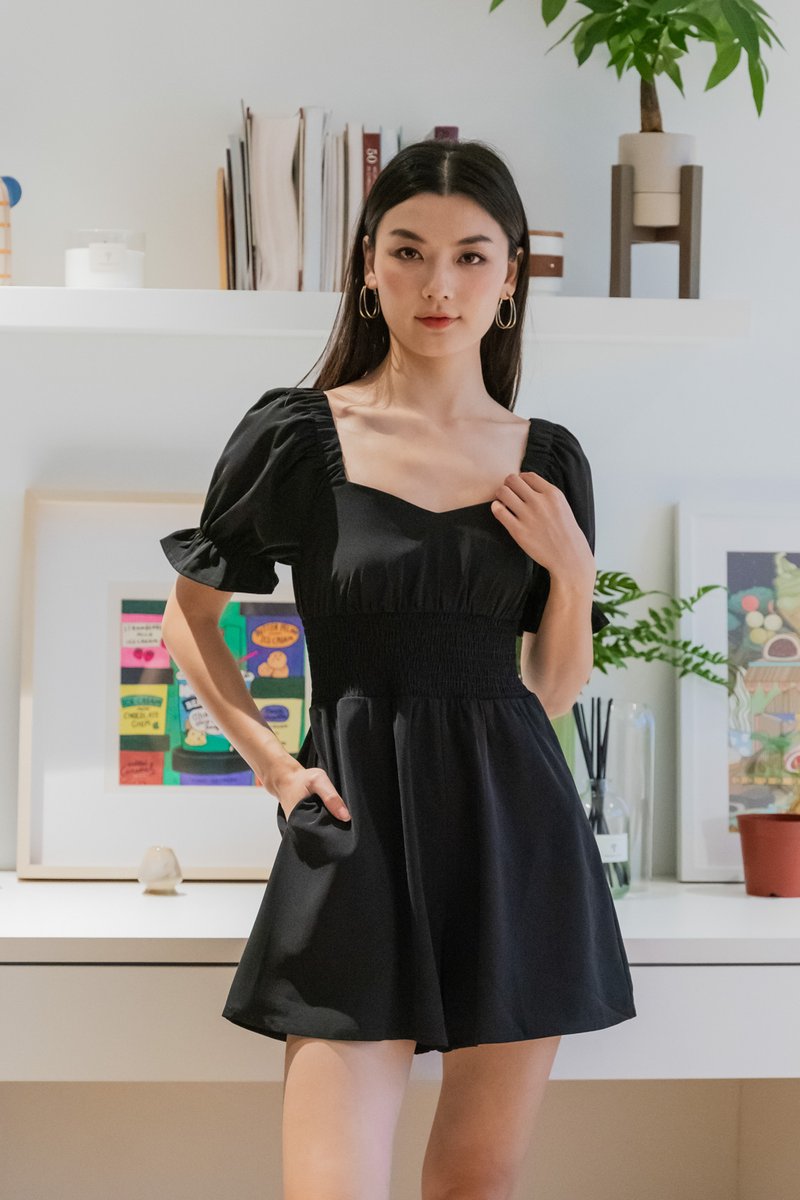Sonya Smocked Waist Romper In Black
