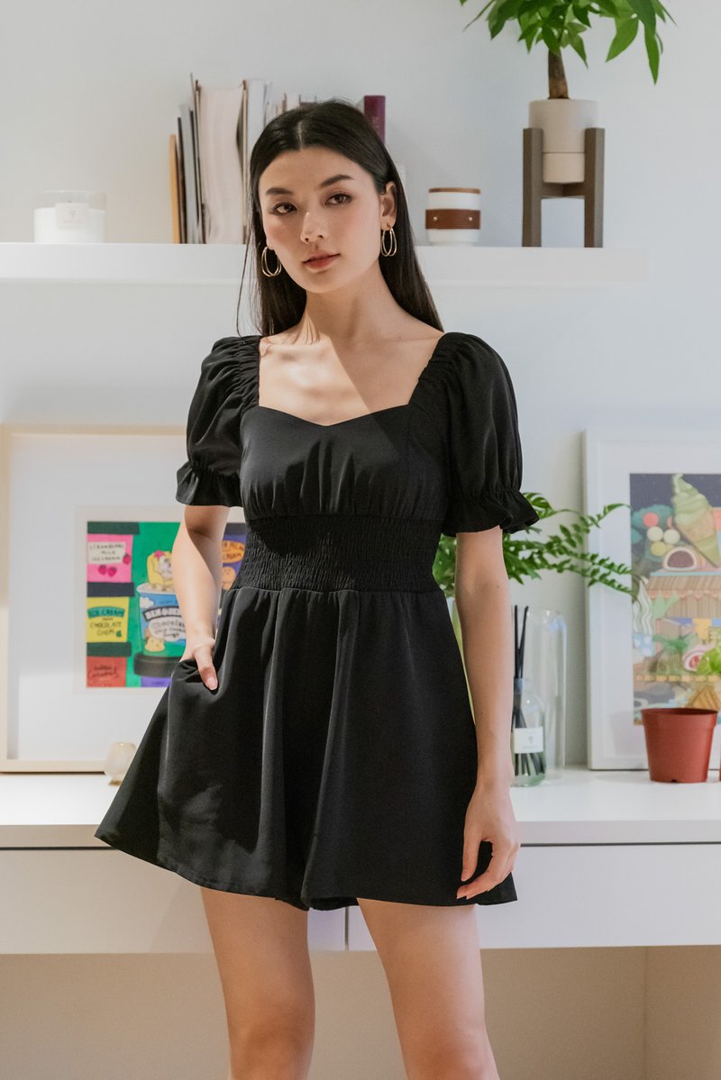 Sonya Smocked Waist Romper In Black