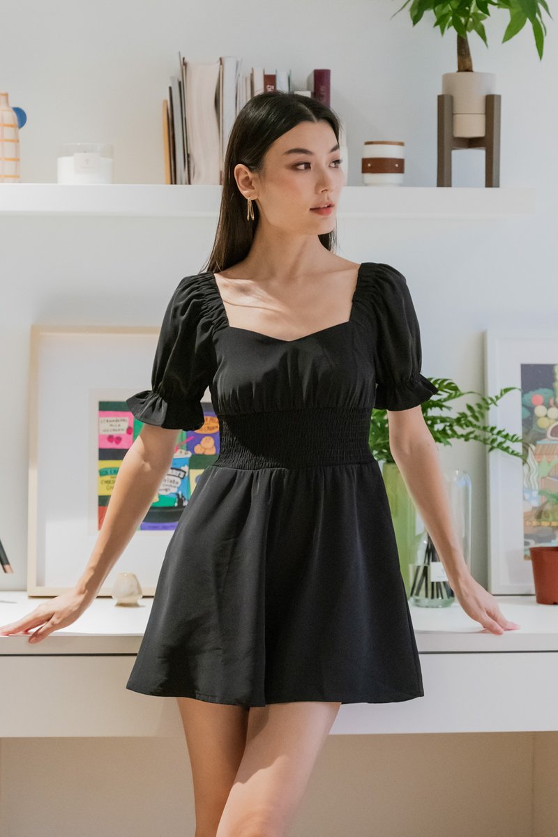 Sonya Smocked Waist Romper In Black