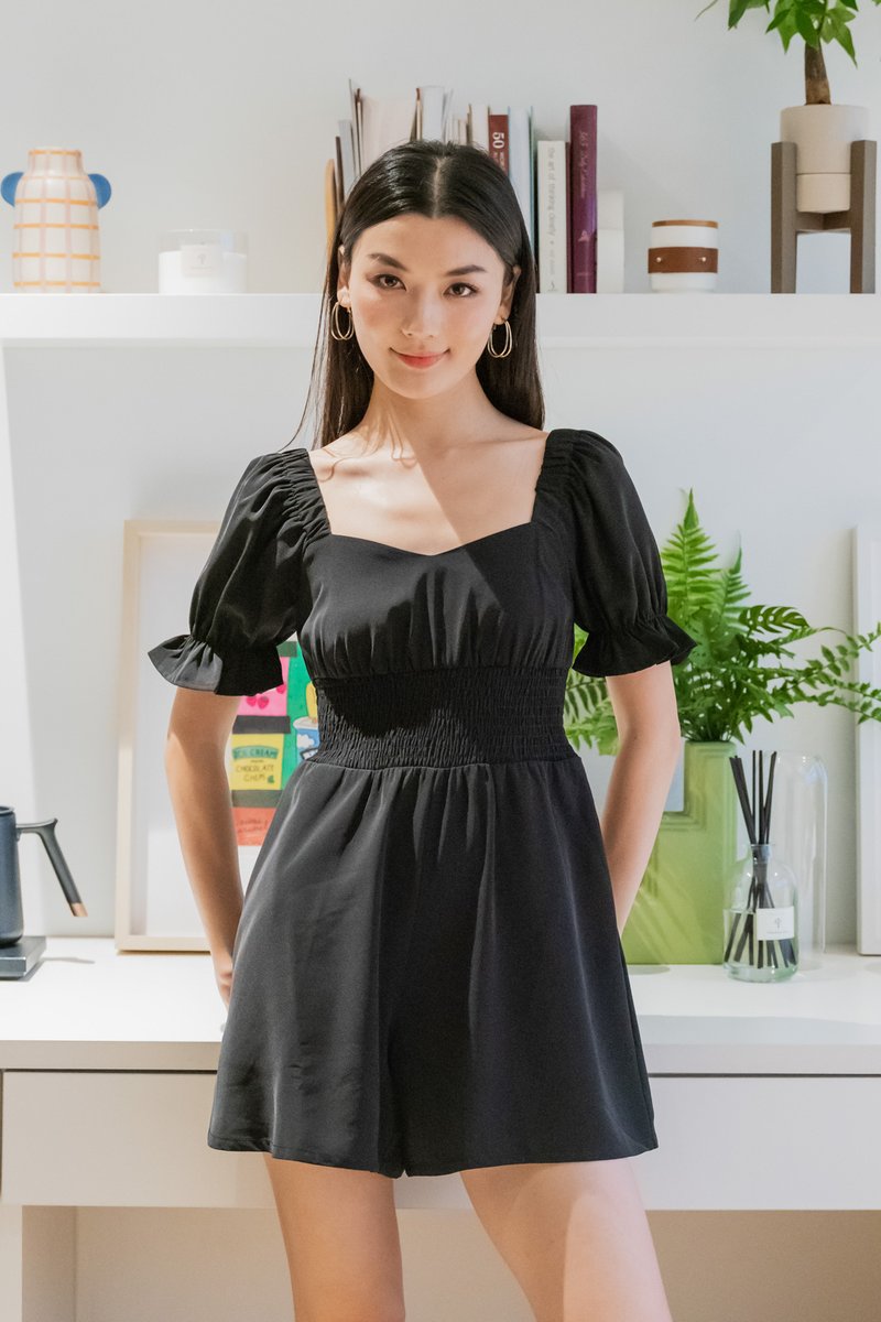 Sonya Smocked Waist Romper In Black