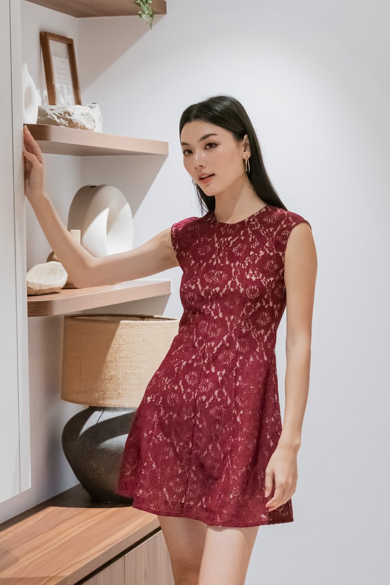 Jubilee Lace Panelled Dress In Wine