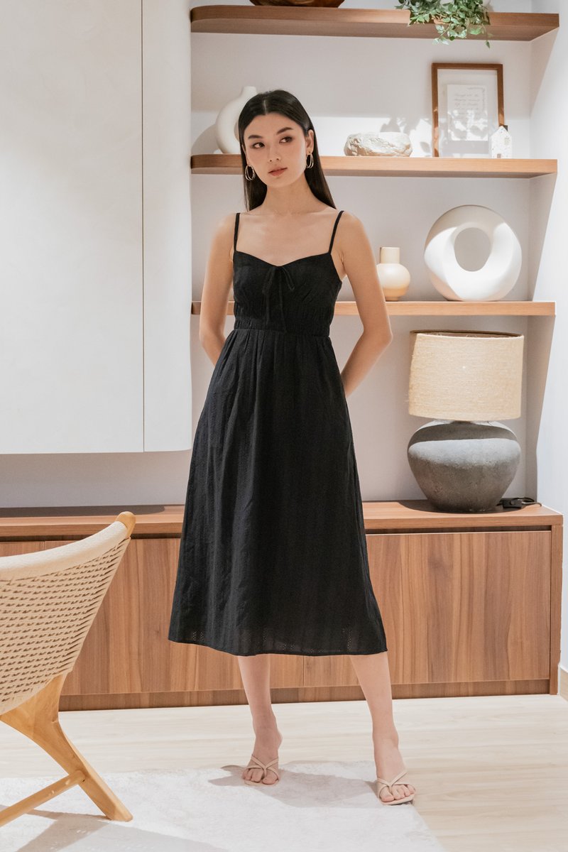 Cotta Eyelet Ribbon Camisole Midi Dress In Black