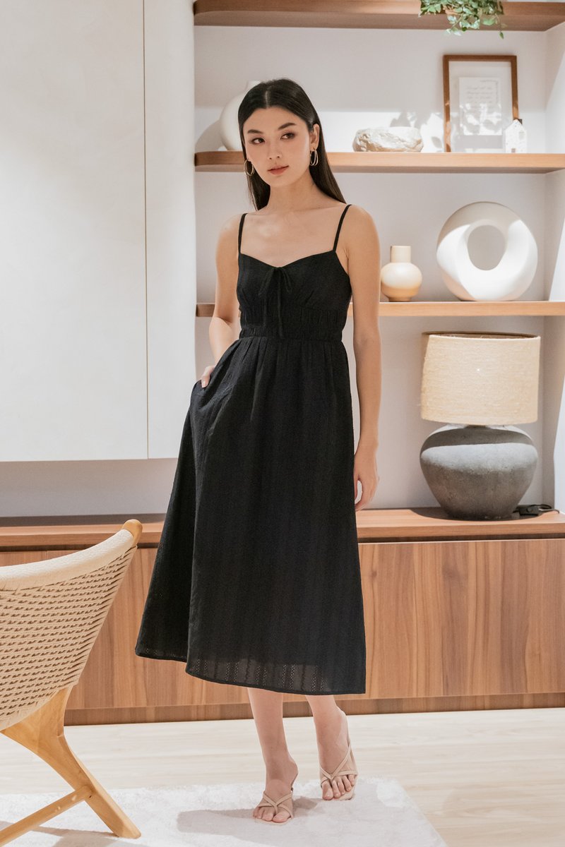 Cotta Eyelet Ribbon Camisole Midi Dress In Black