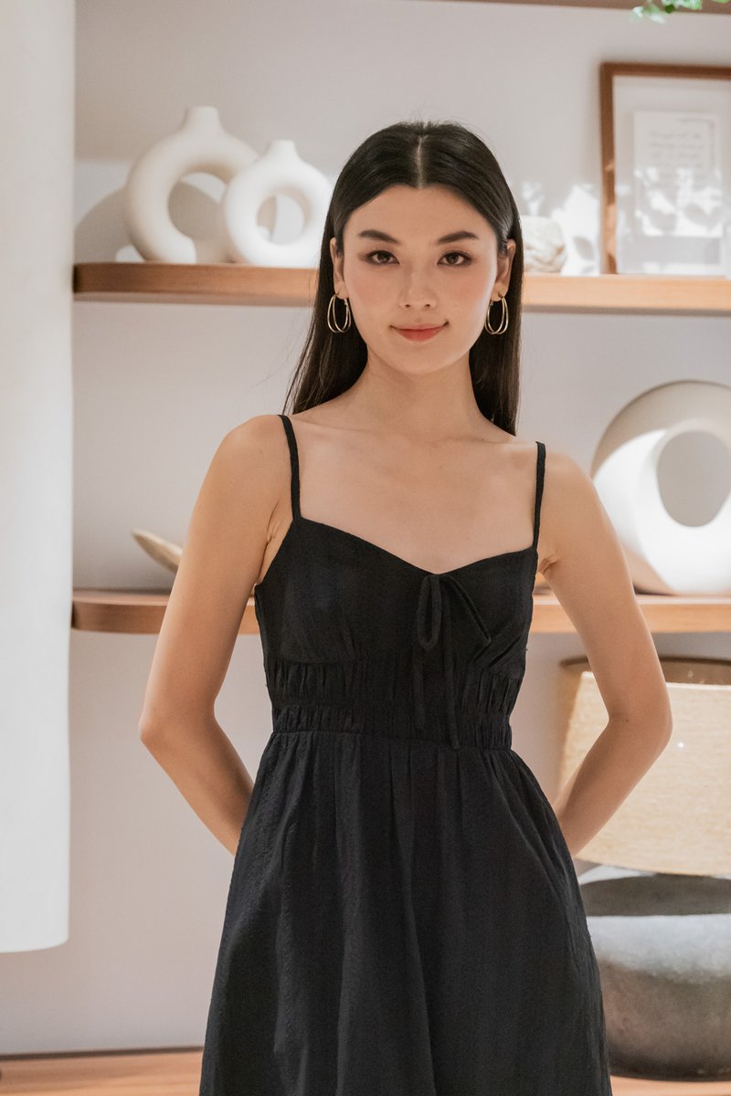 Cotta Eyelet Ribbon Camisole Midi Dress In Black