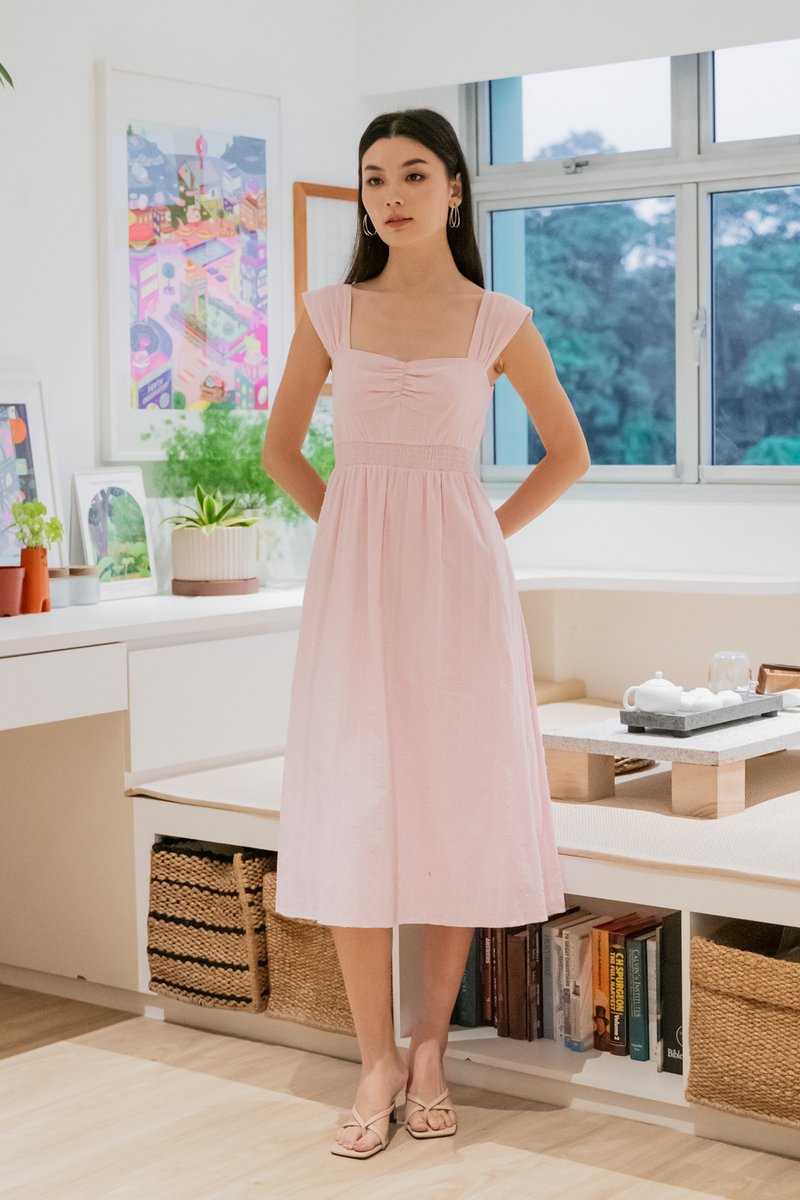 Sophie Swissdot Smocked Waist Midi Dress In Pink