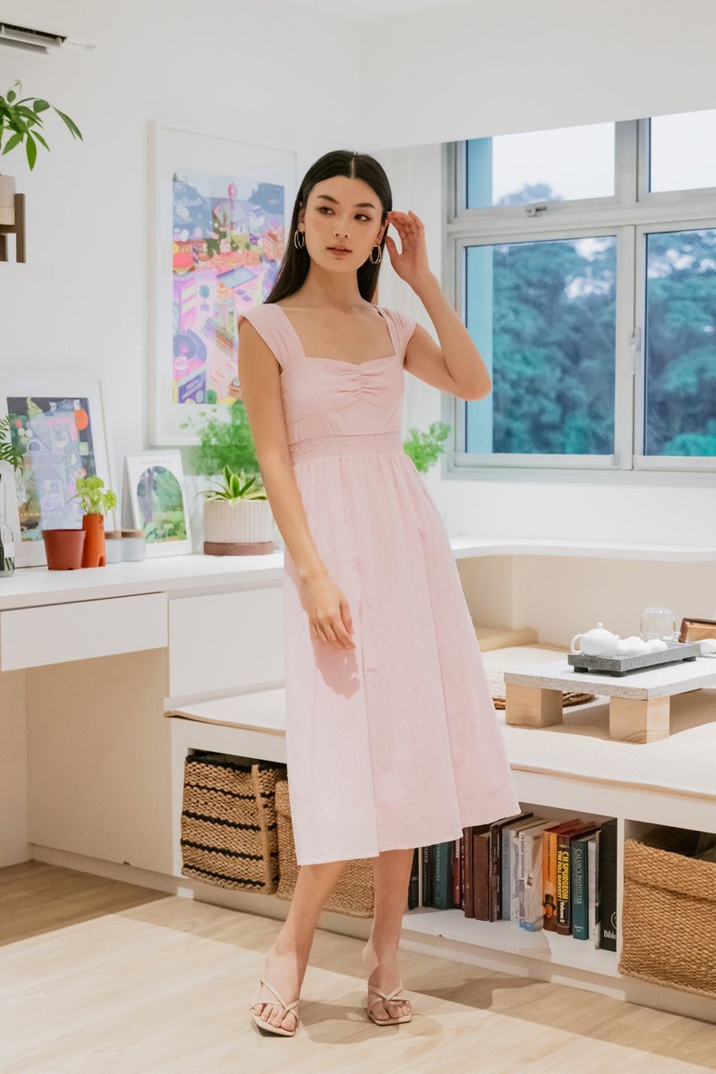 Sophie Swissdot Smocked Waist Midi Dress In Pink