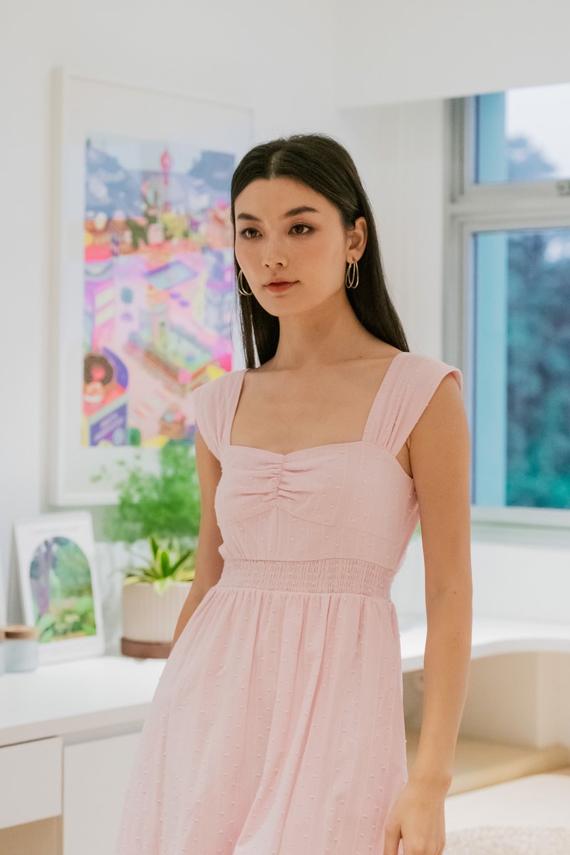 Sophie Swissdot Smocked Waist Midi Dress In Pink
