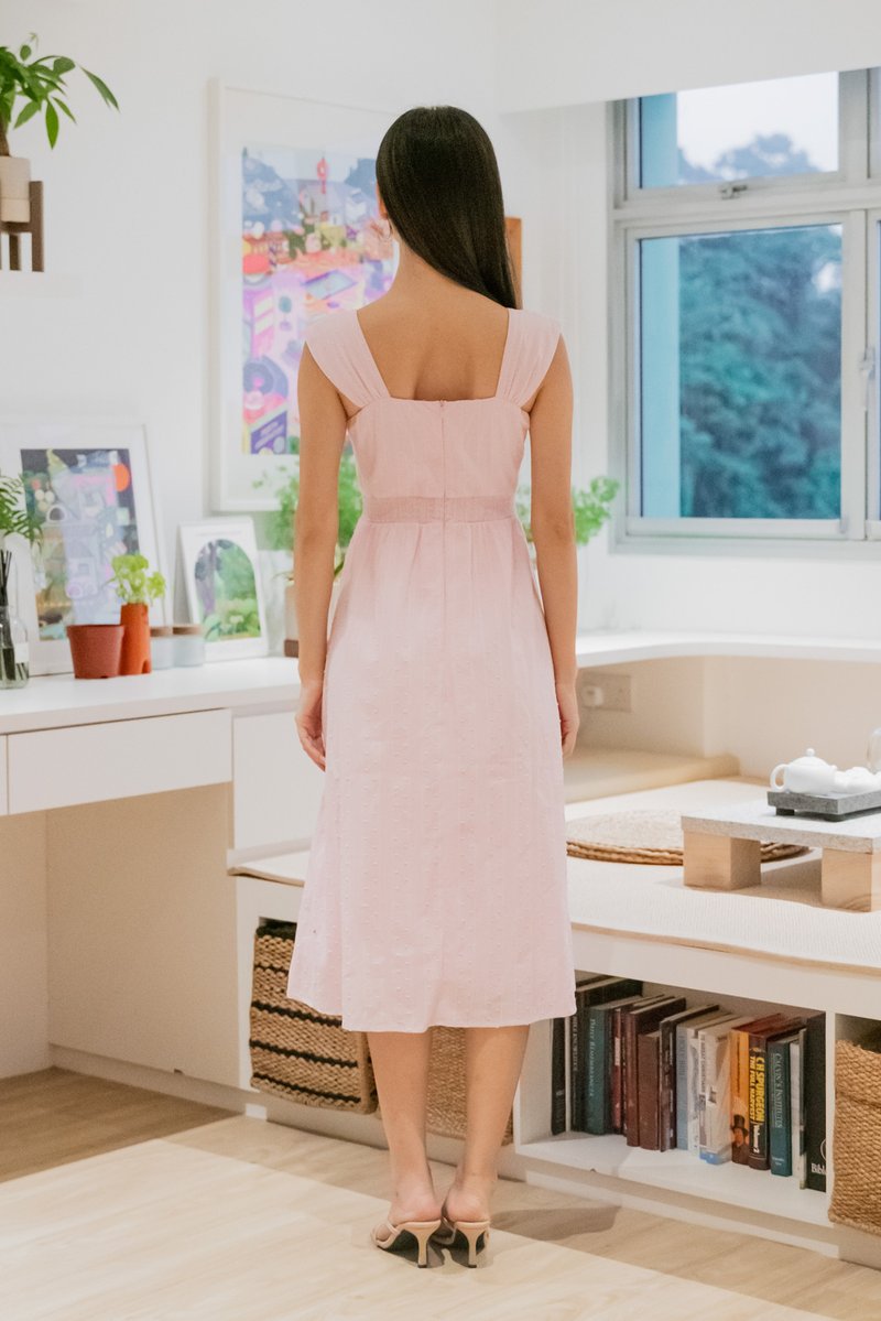 Sophie Swissdot Smocked Waist Midi Dress In Pink