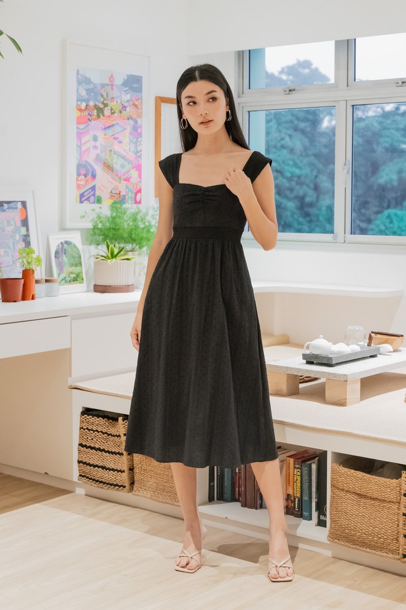 Sophie Swissdot Smocked Waist Midi Dress In Black