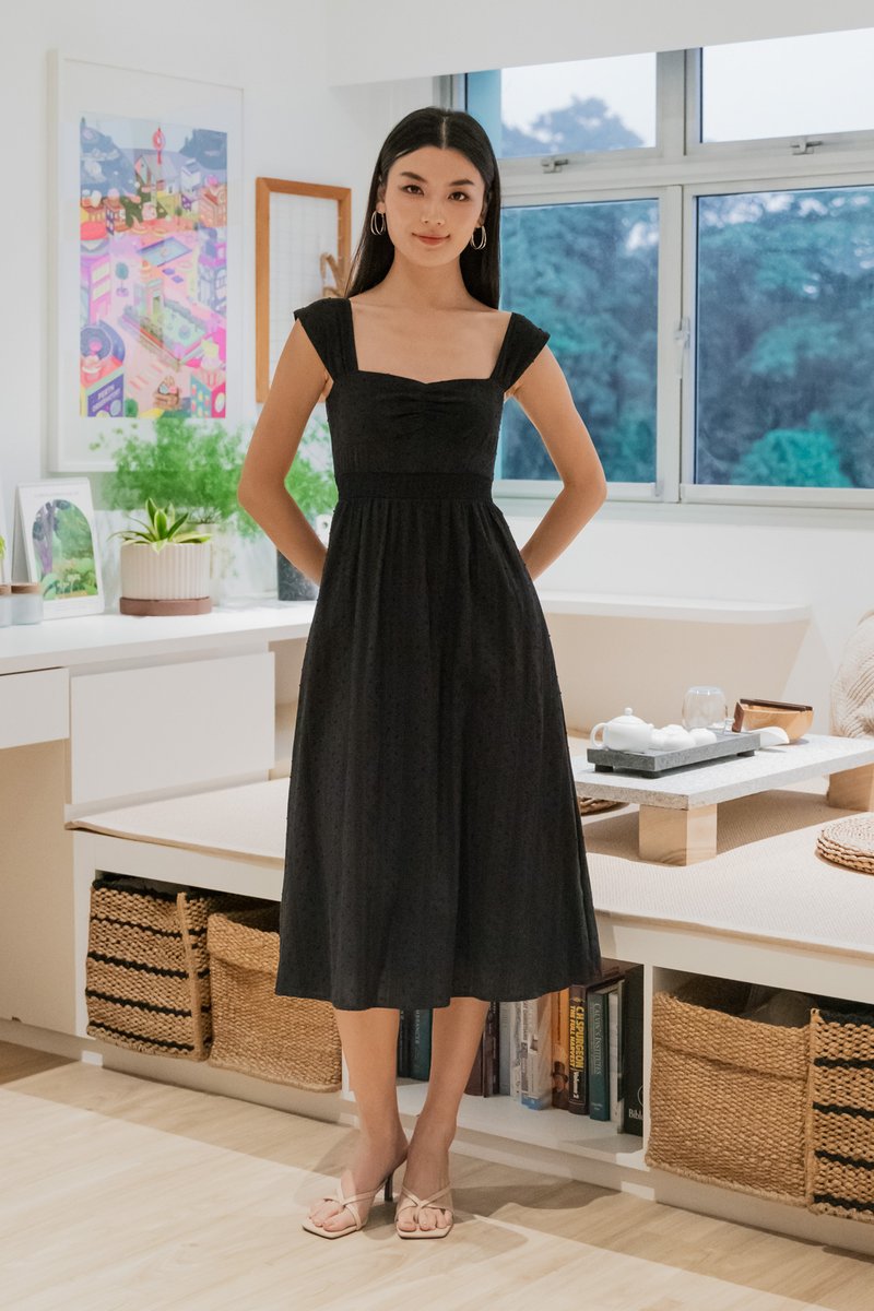 Sophie Swissdot Smocked Waist Midi Dress In Black