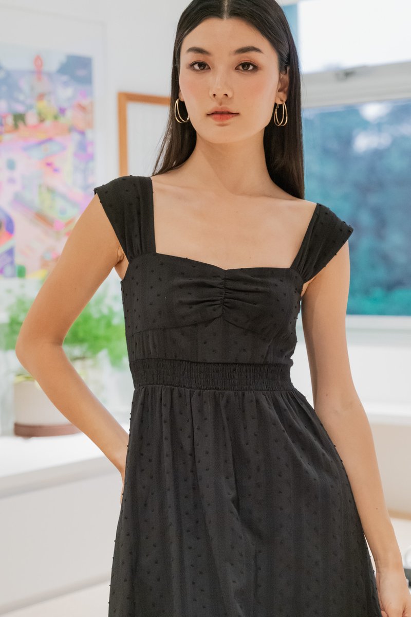 Sophie Swissdot Smocked Waist Midi Dress In Black