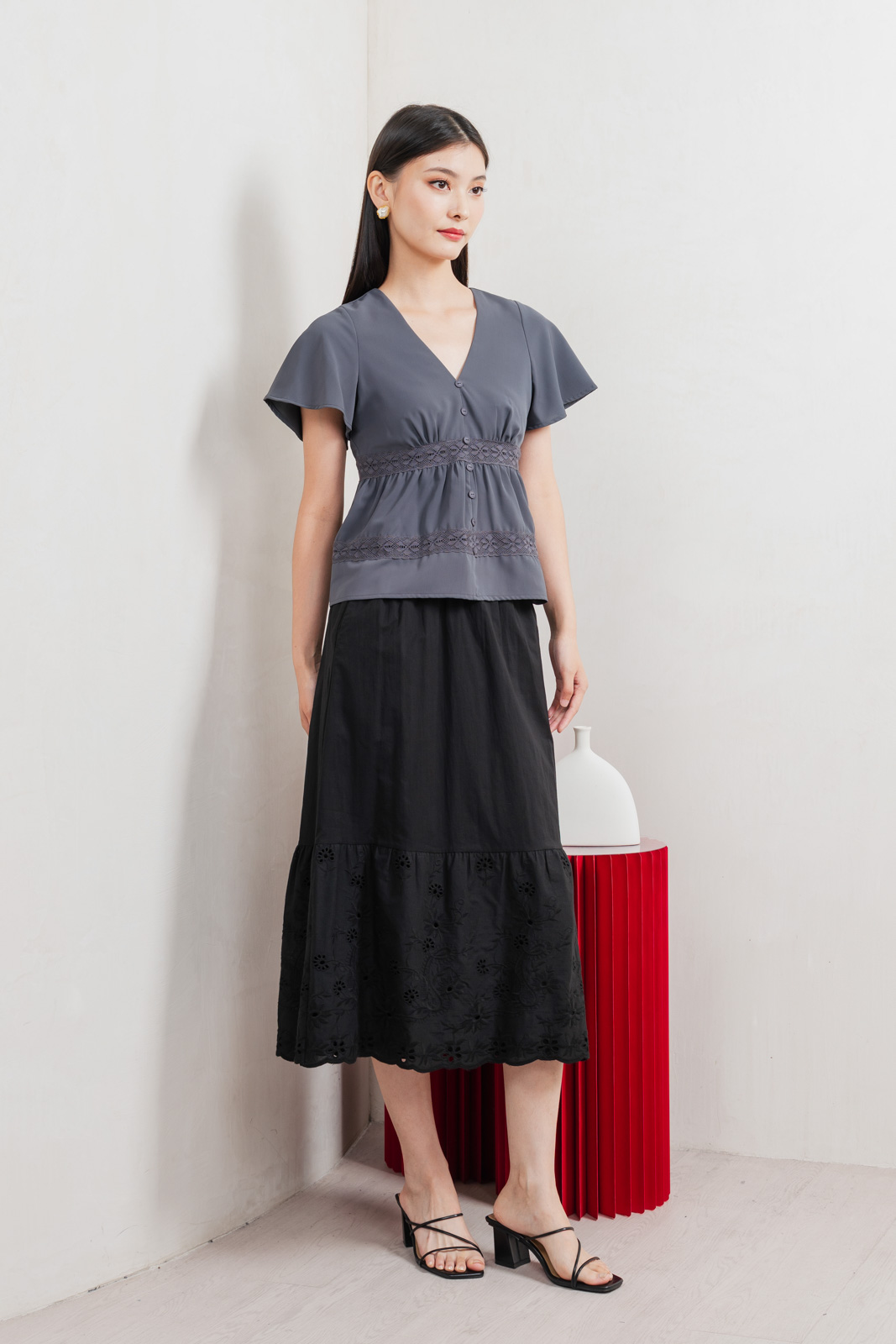 Marilyn Eyelet Midi Skirt In Black