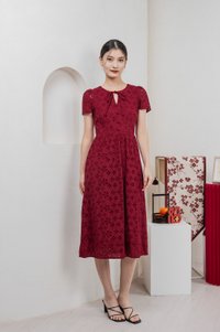 Kindred Eyelet Midi Dress In Red