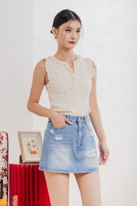 Danity Distressed Denim Skort in Mid Wash