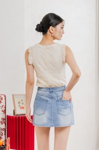 Danity Distressed Denim Skort in Mid Wash