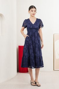 Navillera Textured Tiered Midi Dress In Navy