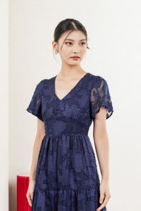 Navillera Textured Tiered Midi Dress In Navy