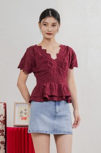 Nancie Floral Eyelet Empire Top In Wine