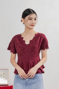 Nancie Floral Eyelet Empire Top In Wine
