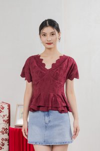 Nancie Floral Eyelet Empire Top In Wine
