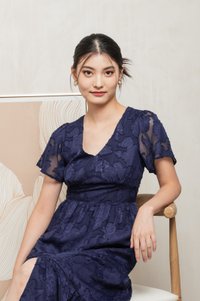 Navillera Textured Tiered Midi Dress In Navy