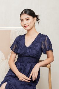 Navillera Textured Tiered Midi Dress In Navy