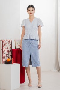 Orielle Eyelet Buttons Top In Powder Blue
