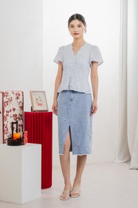 Orielle Eyelet Buttons Top In Powder Blue