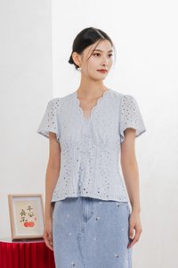 Orielle Eyelet Buttons Top In Powder Blue