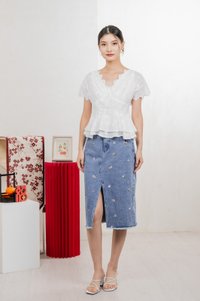 Nancie Floral Eyelet Empire Top In White