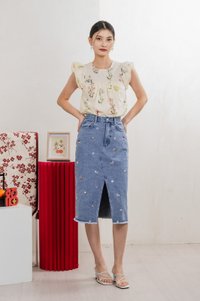 Asters Denim Midi Skirt In Mid Wash